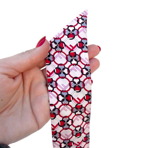 Fendi Roma Silk Twilly Wrappy Scarf Logo Flowerland Pink Red Circle Designer - Picture 5 of 7